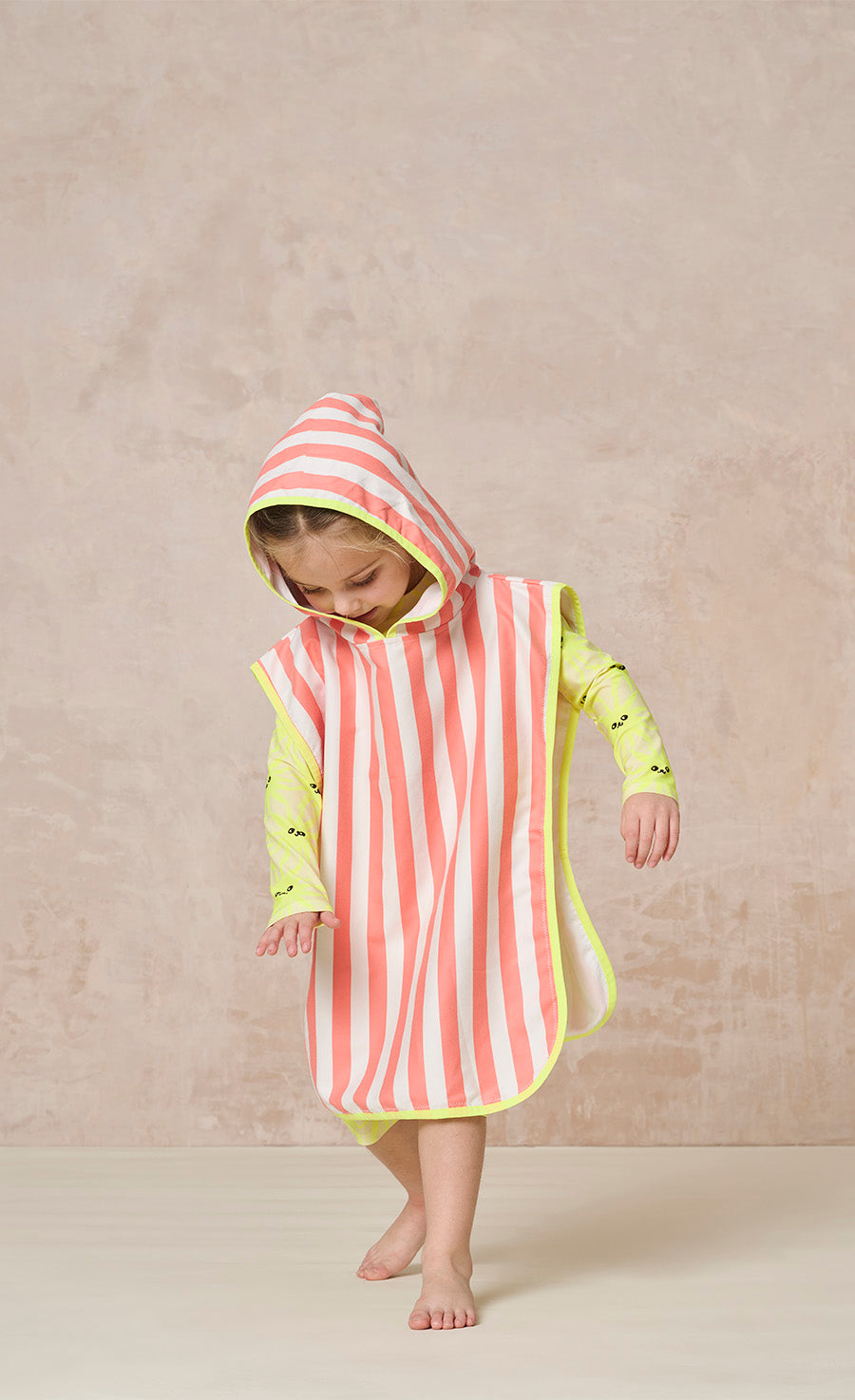 Bright Coral And White Stripe Poncho With Front Pocket
