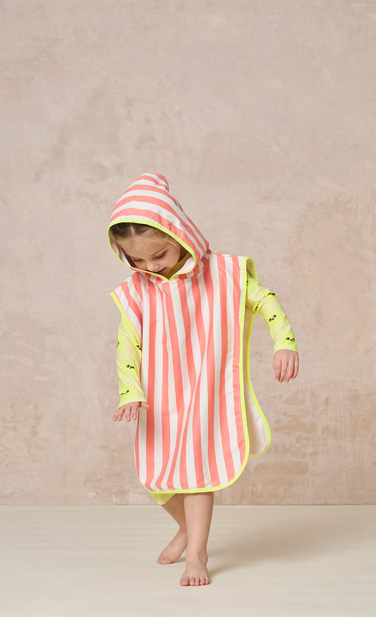 Bright Coral And White Stripe Poncho With Front Pocket