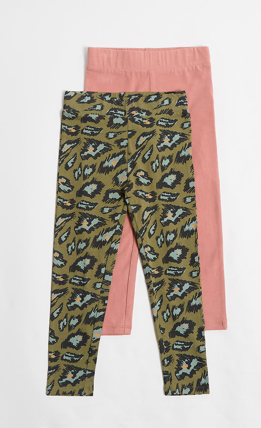 2 Pack Khaki Leopard Print And Pink Leggings