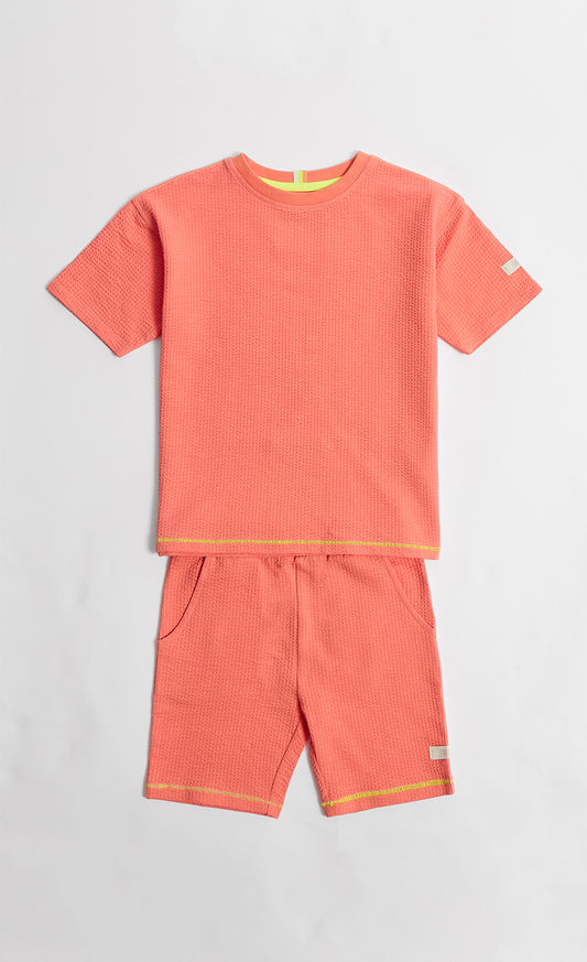 Coral Textured Shorts And T-Shirt Set