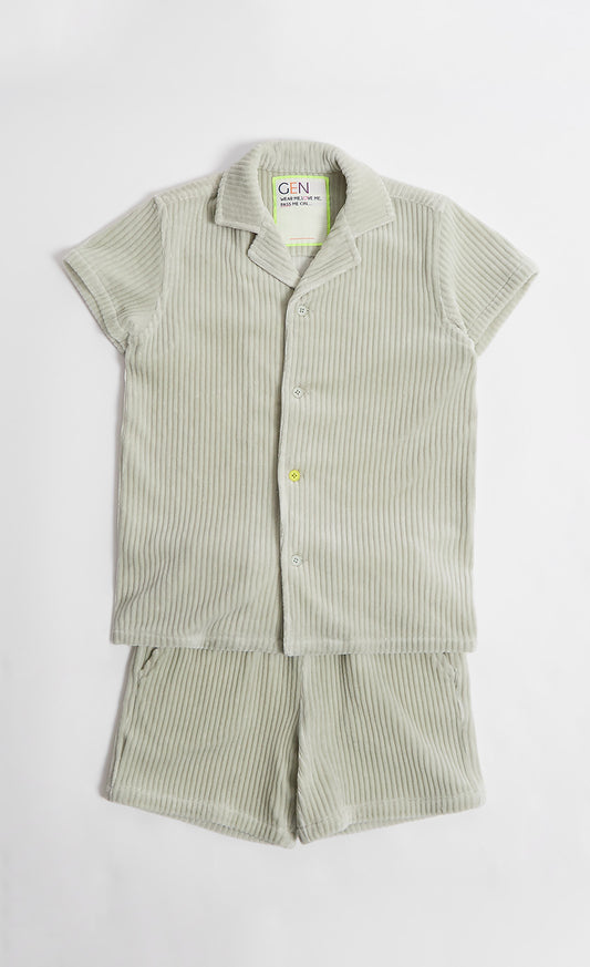 Ribbed Velour Shirt & Shorts Set In Green