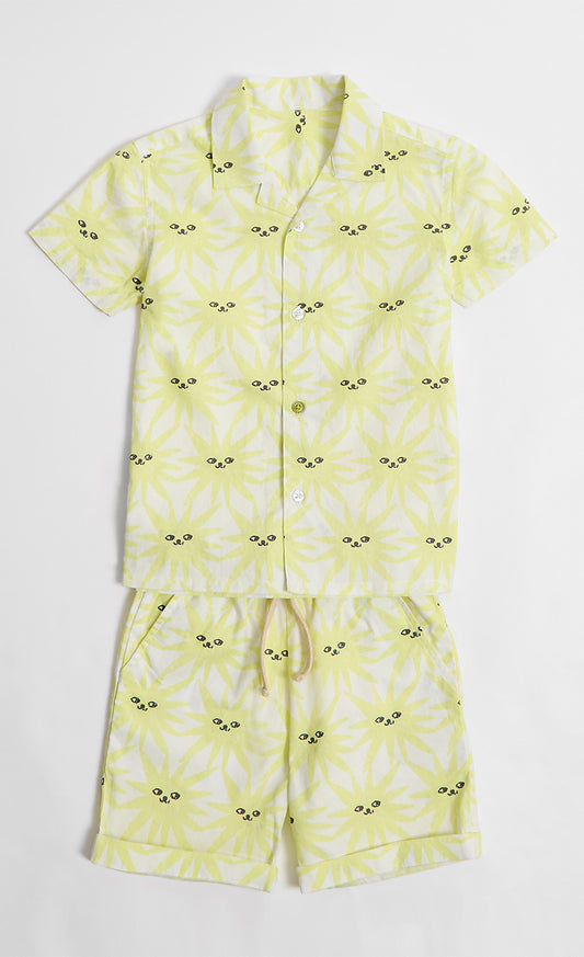 Sun Print And Bright Yellow Colour Shirt And Shorts Set