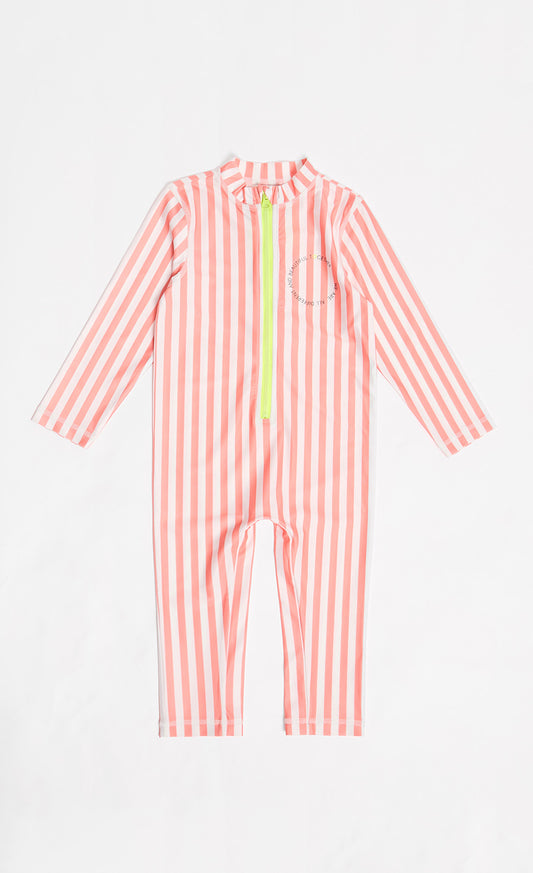 Bright Coral And White Stripe One-Piece Sunsafe Swimsuit