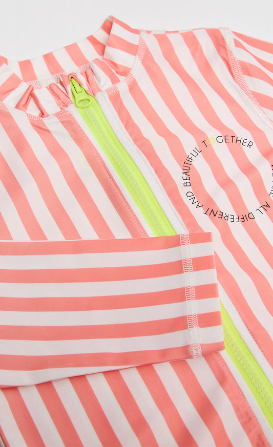 Bright Coral And White Stripe One-Piece Sunsafe Swimsuit