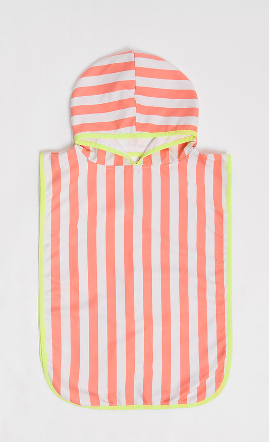 Bright Coral And White Stripe Poncho With Front Pocket