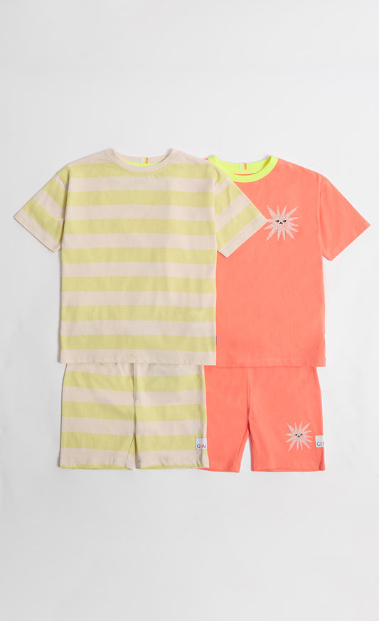 2 Pack Stripe Print And Coral Sun Badge Short Pyjama Set
