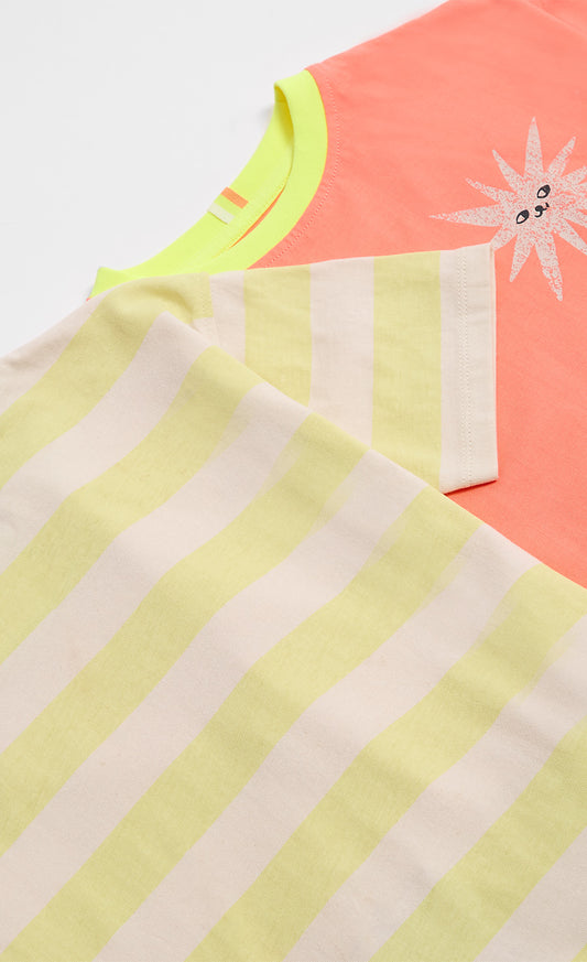 2 Pack Stripe Print And Coral Sun Badge Short Pyjama Set