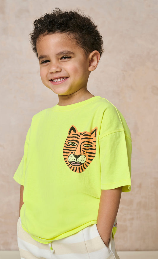 Bright Yellow Tiger Character Face Print Tee