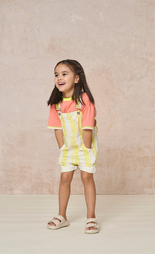 Bright Yellow And White Stripe Cotton Short Dungarees