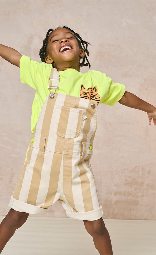 Light Beige And White Stripe Cotton Short Dungarees